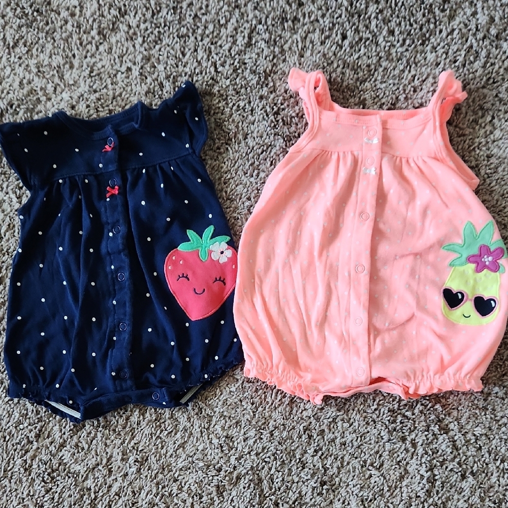 Carter's Navy & Coral Fruit Appliqué Baby One-Piece Rompers
